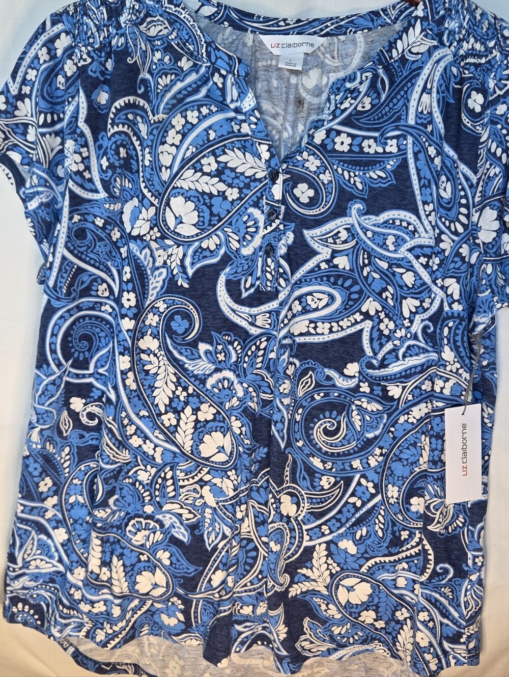 Liz Clairborne Indigo Heather Paisley Button Accent Short Sleeve Top Sz L NWT